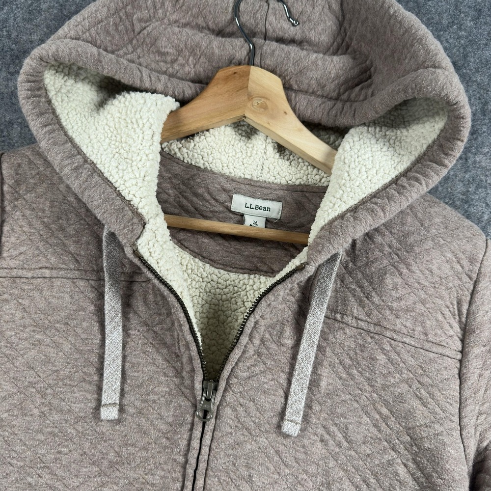 LL Bean Coat Womens Medium Beige Quilted Sherpa Lined Hooded Fleece Zip